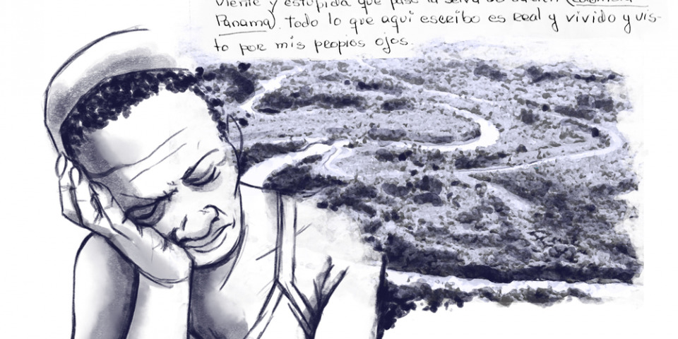 插畫呈現瑪莉亞通過達連峽谷的危險經歷。©MSF/Jorge Montoya 