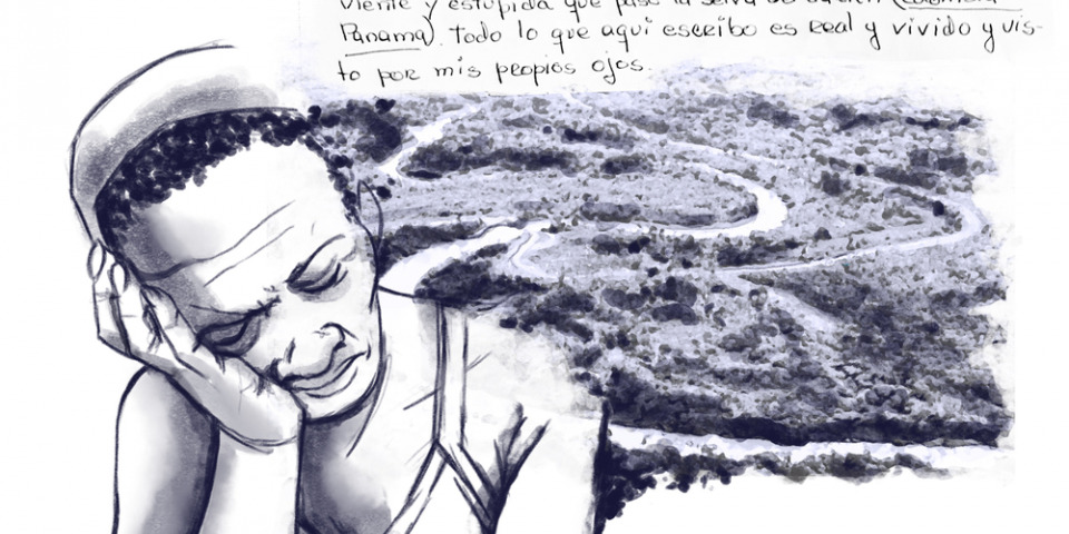古巴女性瑪莉亞通過達連峽谷的危險經歷。©MSF/Jorge Montoya 插畫呈現瑪莉亞通過達連峽谷的危險經歷。©MSF/Jorge Montoya